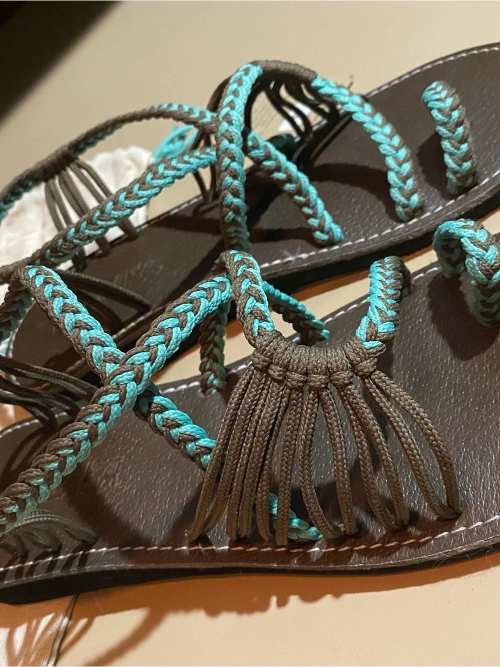 Women’s Braided Brown Leather Sandals with Turquoise Accent